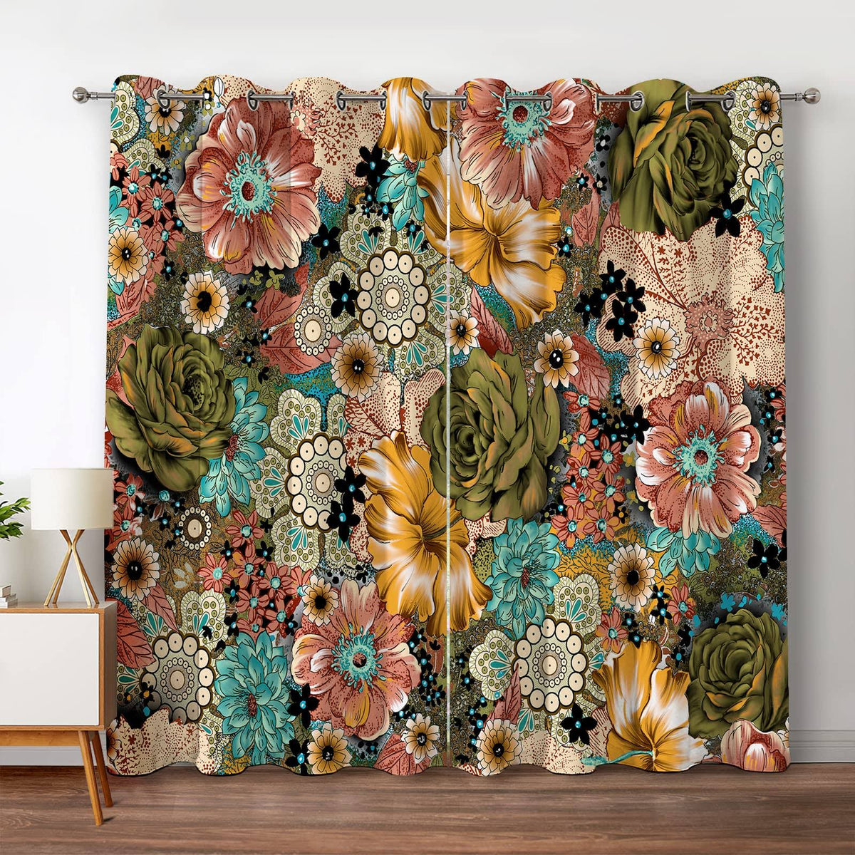 Jekeno Boho Floral Blackout Curtains Colorful Flowers Bohemian Decor for Bedroom Living Room Grommet Window Drapes 2 Panel Set, 52"x63"