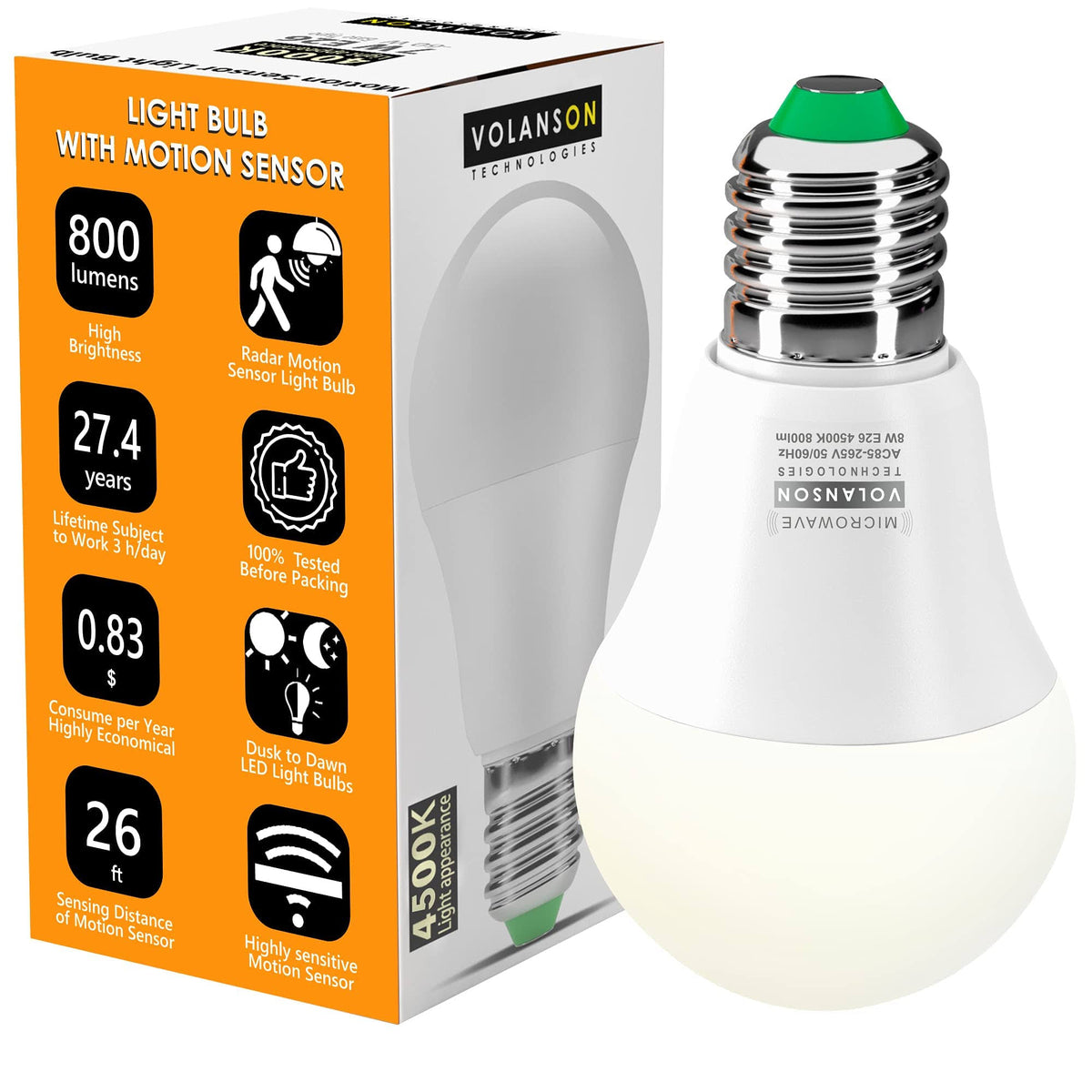 VOLANSON Motion Sensor Light Bulb Radar - 800lm Daylight Outdoor Indoor - Dusk to Dawn Motion Activated LED Bulbs - for Porch Garage Basement